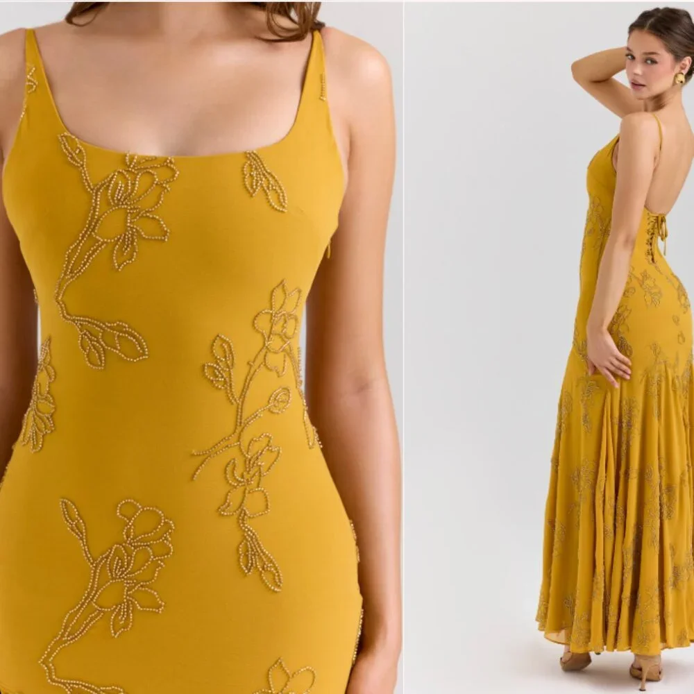 HOUSE OF CB 'Rosalia' Gold Embellished Hand Beaded Maxi Dress NWOT - Picture 2 of 10